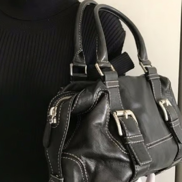 Y2K 90’s Michael Kors Satchel Black Leather Stitched Silver Distressed Bikercore - Picture 2 of 16